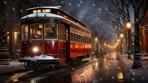 Festive christmas holiday decorated town trolley driving down the street. generative AI