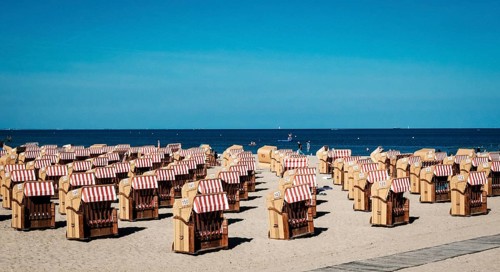 Beach chairs on the Baltic Sea beach in Travemuende. Schleswig-Holstein