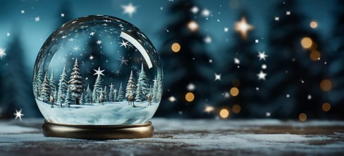 Christmas snow globe with pine trees and cabin on a wood surface banner. generative AI