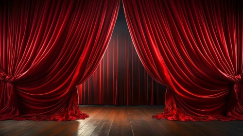 Dramatically lit lustrous red velvet theatre curtains and wooden stage floor. generative AI