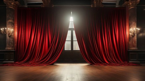 Dramatically lit lustrous red velvet theatre curtains and wooden stage floor. generative AI