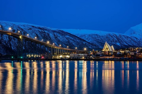Ice Sea Cathedral and Tromsobrua Bridge at Blue Hour