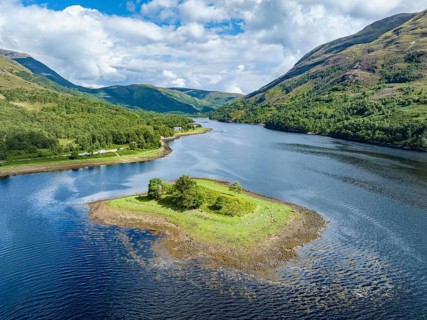 Aerial view of the eastern part of the freshwater loch Loch Leven with a small island