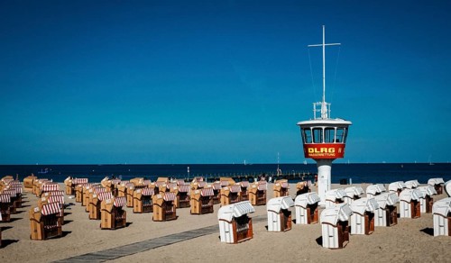 DLRG watchtower on the beach of Ostseestrand in Travemuende. Schleswig-Holstein