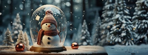 Christmas snow globe with snowman on a wood surface banner. generative AI