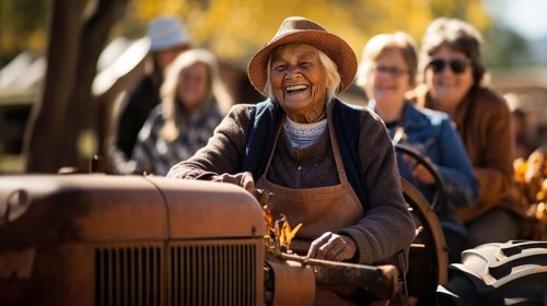 Happy female farmer giving a few guests a tractor ride one fall day