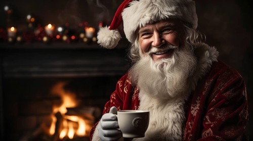 Santa claus enjoying his cup of hot cocoa next to the christmas tree and fireplace. generative AI