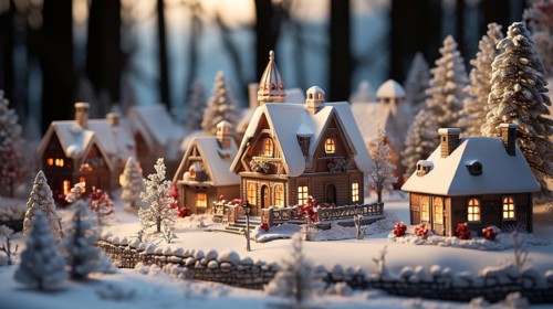 Miniature holiday christmas decorated town and snowy village scene. generative AI