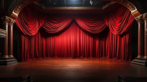 Dramatically lit lustrous red velvet theatre curtains and wooden stage floor. generative AI