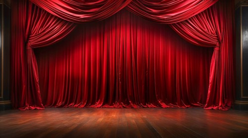 Dramatically lit lustrous red velvet theatre curtains and wooden stage floor. generative AI