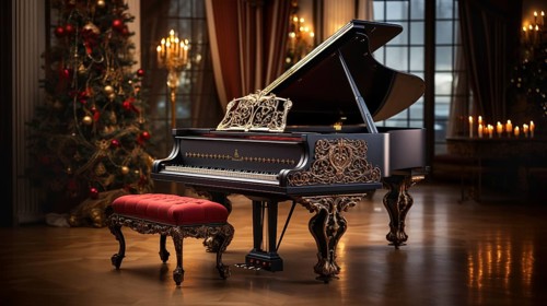 Classic ornate grand piano in A christmas decorated music room. generative AI