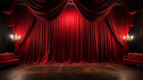 Dramatically lit lustrous red velvet theatre curtains and wooden stage floor. generative AI