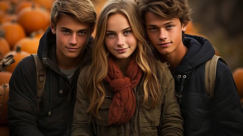 A few teenaged friends pose for a portrait as they enjoy the fall gathering on the farm
