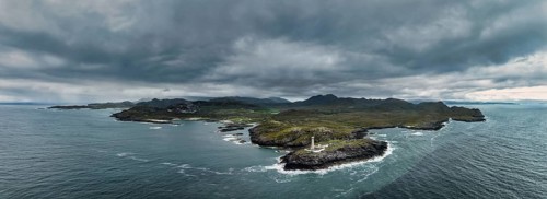 Aerial panorama of Ardnamurchan Point with the 35 metre high lighthouse