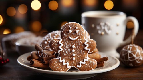 Christmas gingerbread man cookies on a small plate amist the decorations. generative AI
