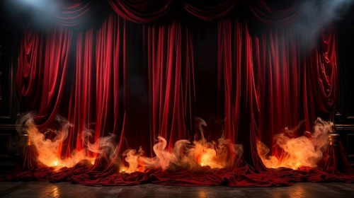 Theatre stage with red velvet curtains on fire. generative AI