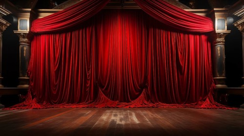 Dramatically lit lustrous red velvet theatre curtains and wooden stage floor. generative AI