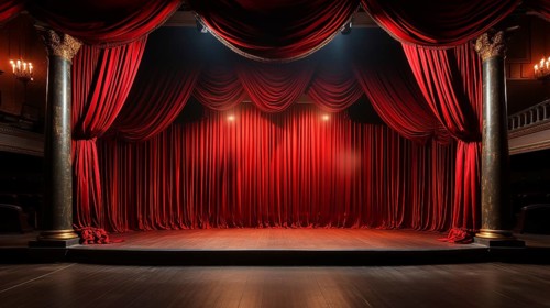 Dramatically lit lustrous red velvet theatre curtains and wooden stage floor. generative AI