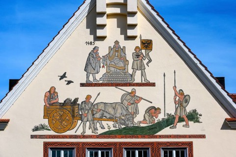 The town hall facade with fresco