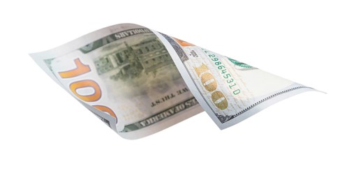 One hundred dollar bill falling or floating on empty background