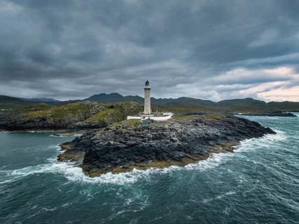 Aerial view of Ardnamurchan Point with the 35 metre high lighthouse