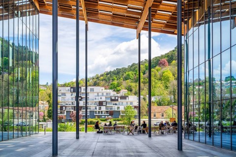 Cafe at the Cite des Arts et de la Culture by architect Kengo Kuma