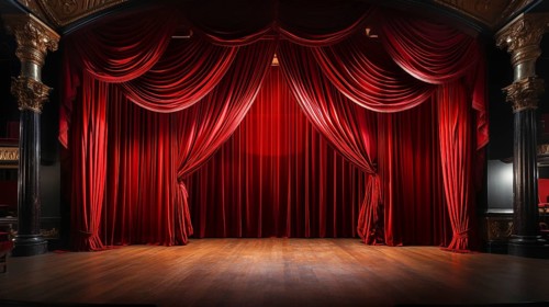 Dramatically lit lustrous red velvet theatre curtains and wooden stage floor. generative AI