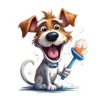 Illustration of a smiling dog holding a toothbrush over white background promoting dental health in canines. AI generated