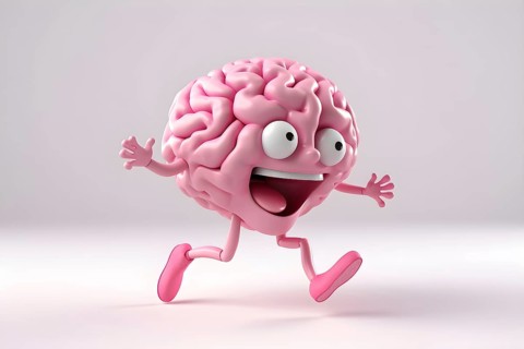 AI generated illustration of a human brain with a happy facial expression running around. AI generated