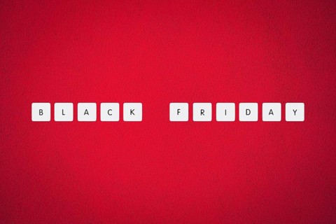 Black friday illustration composition. Text on board game chips. Red textured background