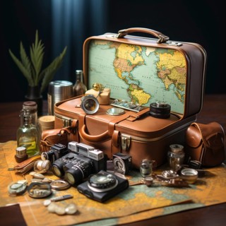 Travel preparation Packed old leather suitcase with photo