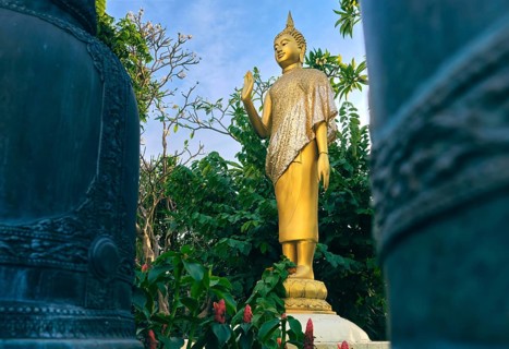 Gilded statue of standing Buddha in monk clothes and covered by golden textile shot between two bells and among trees and flowers. Right hand in adhaya mudra gesture. Selective focus