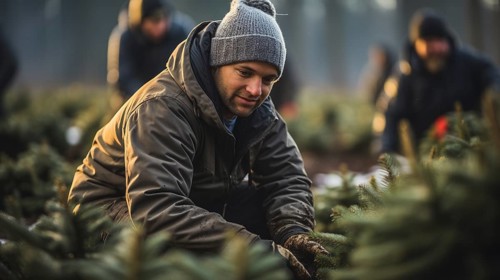 Young man working at the christmas tree farm planting new trees during the holiday season. generative AI