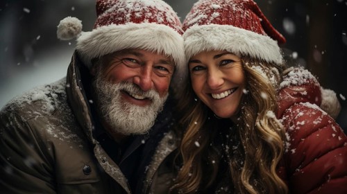 Festive middle-aged couple wearing santa hats laughing together in the snowy evening. generative AI