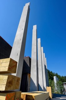 Wooden beams and concrete columns in a sawmill