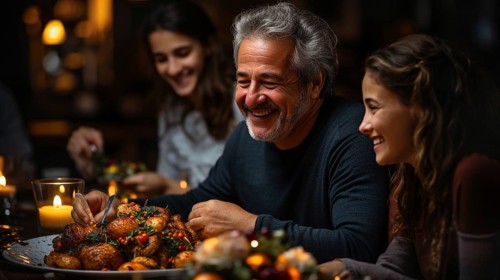 Thanksgiving family portriat at the seasonal dinner table