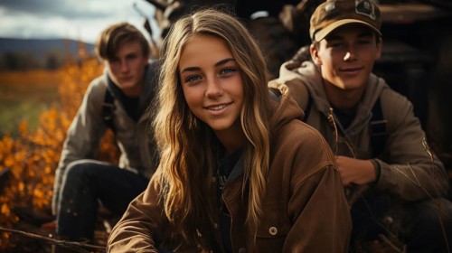 A few teenaged friends pose for a portrait as they enjoy the fall gathering on the farm