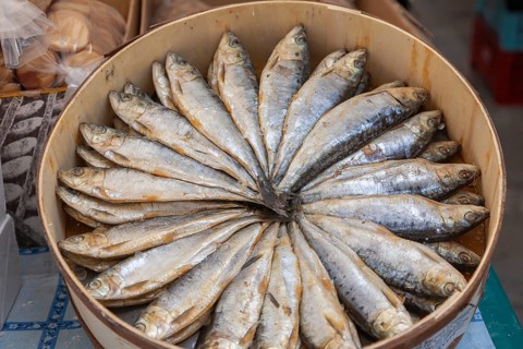 Box of sardines for sale at the farmers' market in Sineu