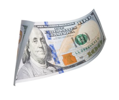 One hundred dollar bill falling or floating on empty background