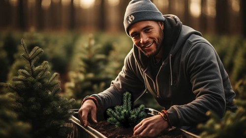 Young man working at the christmas tree farm planting new trees during the holiday season. generative AI