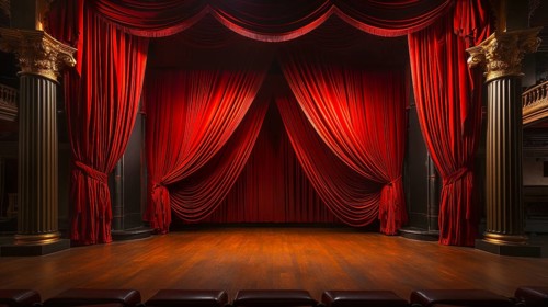 Dramatically lit lustrous red velvet theatre curtains and wooden stage floor. generative AI