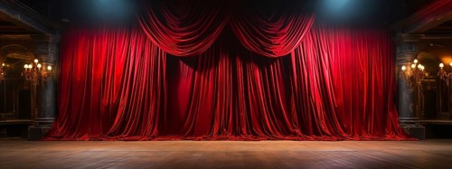 Dramatically lit lustrous red velvet theatre curtains and wooden stage floor. generative AI