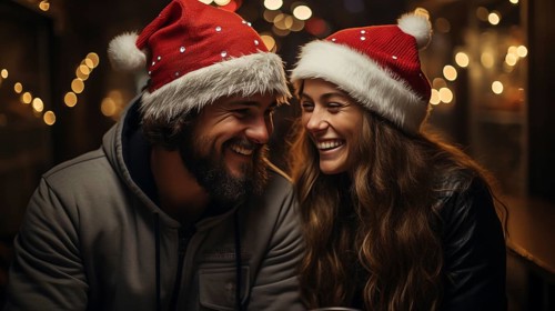 Festive young couple wearing santa hats laughing together in the snowy evening. generative AI