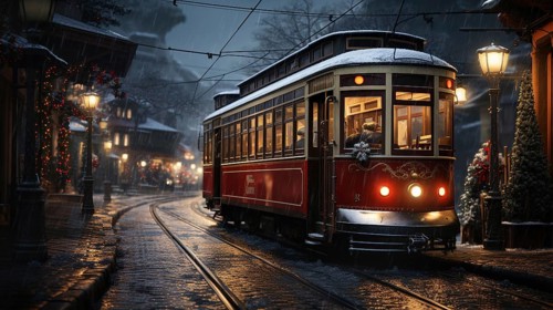 Festive christmas holiday decorated town trolley driving down the street. generative AI