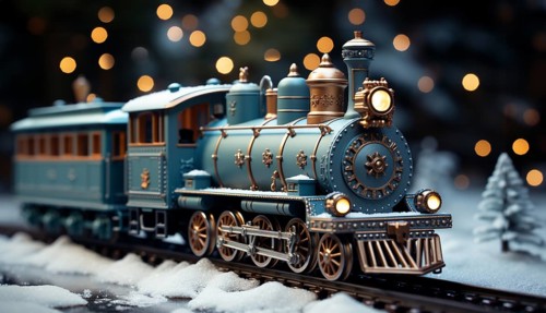 Miniature locamotive train set in A snowy christmas holiday setting. generative AI