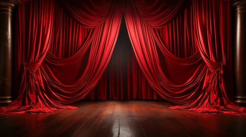 Dramatically lit lustrous red velvet theatre curtains and wooden stage floor. generative AI