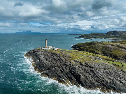 Aerial view of Ardnamurchan Point with the 35 metre high lighthouse