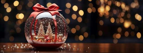 Christmas snow globe with pine trees and cabin on a wood surface banner. generative AI
