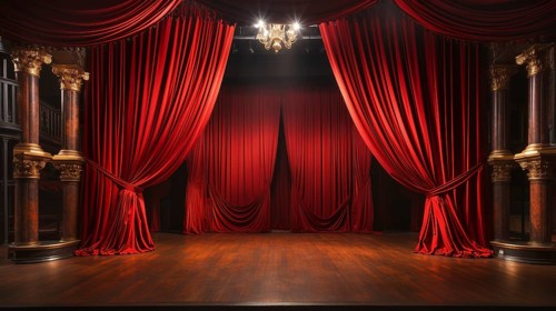 Dramatically lit lustrous red velvet theatre curtains and wooden stage floor. generative AI