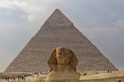 Head of the Great Sphinx in front of the Pyramid of Khafre
